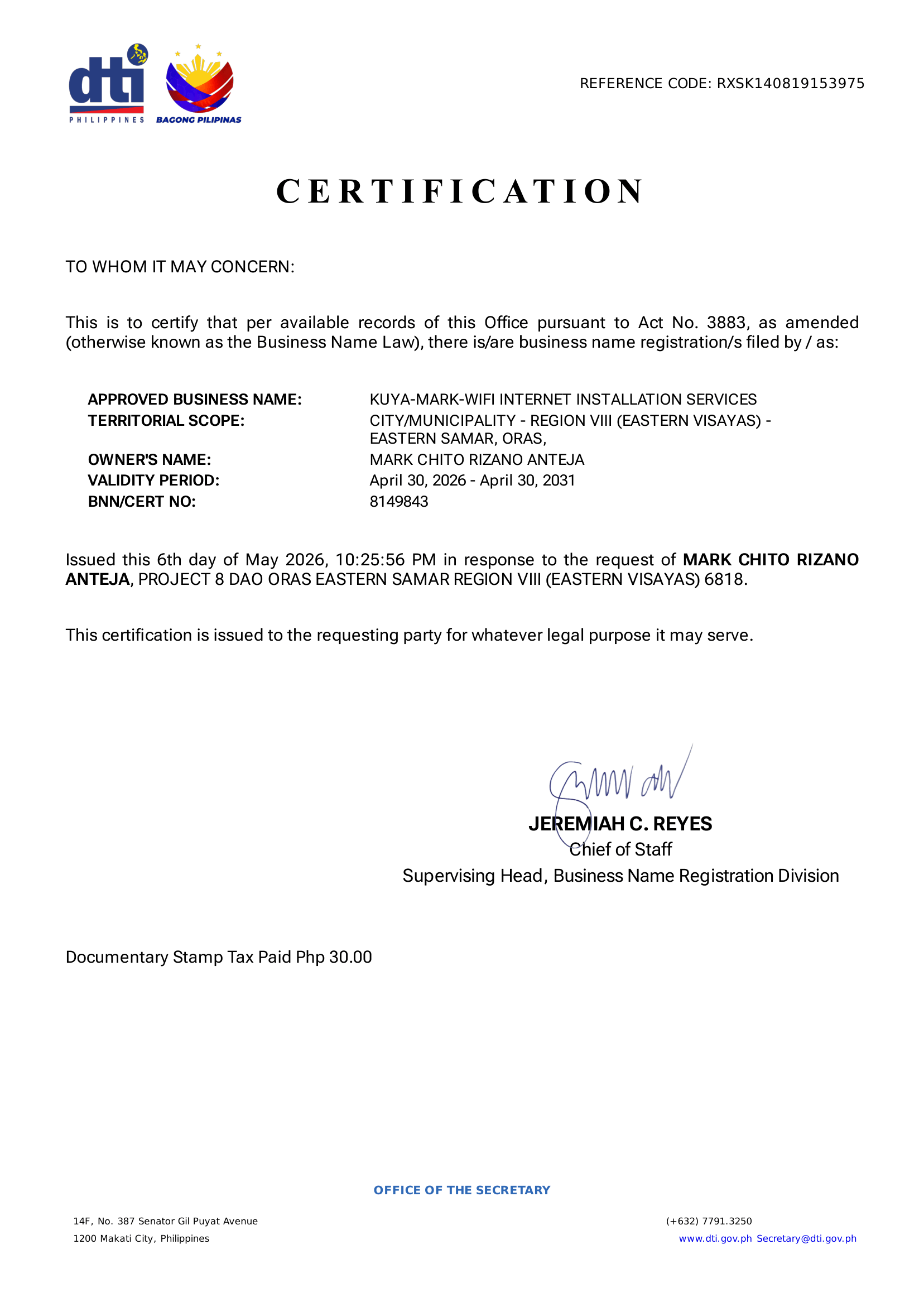 DTI Certificate